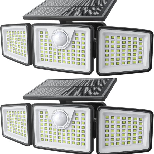 2500LM Solar Lights Outdoor with Motion Sensor,3 Head 270 Wide Angle Street Area Lights, IP65 Waterproof Security Lighting with 3 Modes(Non-Remote,2 Pcs)