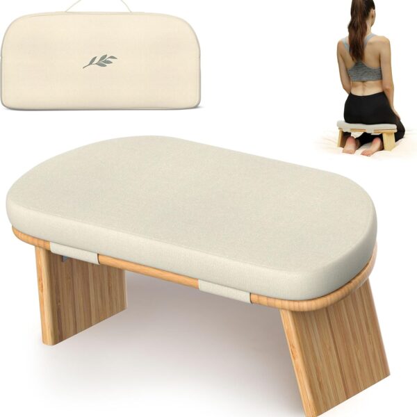 Meditation Chair w/ Extra Thick Cushion - Portable Bamboo Meditation Bench w/ Magnetic Locking Hinge - Anterior Tilt Seiza Bench Ideal for Comfortable & Stable Meditation - Sleek Canvas Kneeling Chair