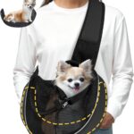 Dog Sling for Small Dogs & Cats Up to 10 lbs with Detachable Hard Bottom Breathable Mesh, Adjustable Strap & Large Pocket - Hands-Free Pet Carrier for Travel Walking Hiking (Black Size S)