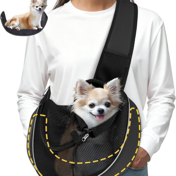 Dog Sling for Small Dogs & Cats Up to 10 lbs with Detachable Hard Bottom Breathable Mesh, Adjustable Strap & Large Pocket - Hands-Free Pet Carrier for Travel Walking Hiking (Black Size S)
