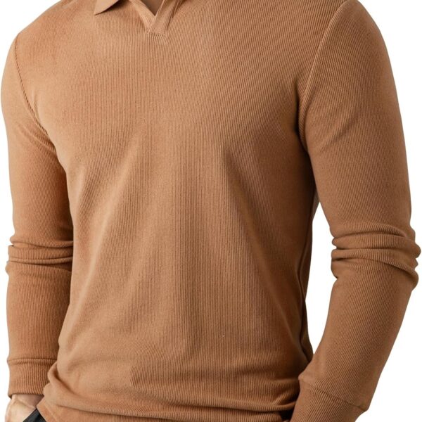 JMIERR Men's Casual Buttonless Polo Shirt Long Sleeve V Neck Ribbed Knit Golf Shirts
