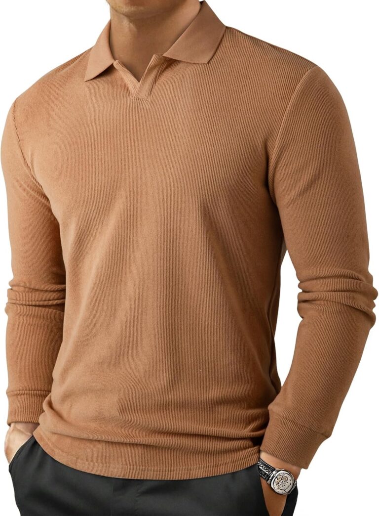 JMIERR Men's Casual Buttonless Polo Shirt Long Sleeve V Neck Ribbed Knit Golf Shirts