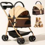 Pet Stroller with 4 Wheels, Foldable for Small/Medium Dogs Cats to 50 lbs, Removable Carrier, Storage Basket, Cup Holder, 3-in-1 Multifunctional Detachable (Brown)