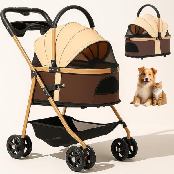 Pet Stroller with 4 Wheels, Foldable for Small/Medium Dogs Cats to 50 lbs, Removable Carrier, Storage Basket, Cup Holder, 3-in-1 Multifunctional Detachable (Brown)