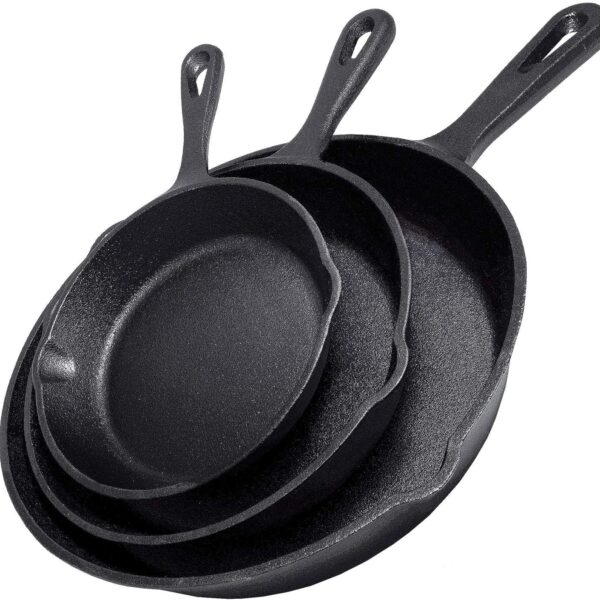 Cast Iron Skillet 3-Piece Set - Heavy-Duty Professional Restaurant Chef Quality Pre-Seasoned Pan Cookware Set - 10", 8", 6" Pans - For Frying, Saute, Cooking, Pizza & More,Black