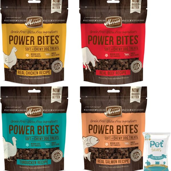 (4 Pack) Merrick Power Bites Natural Grain Free Gluten Free Soft & Chewy Chews Dog Treats - Chicken, Beef, Turducken, Salmon with 10ct pet Wipes