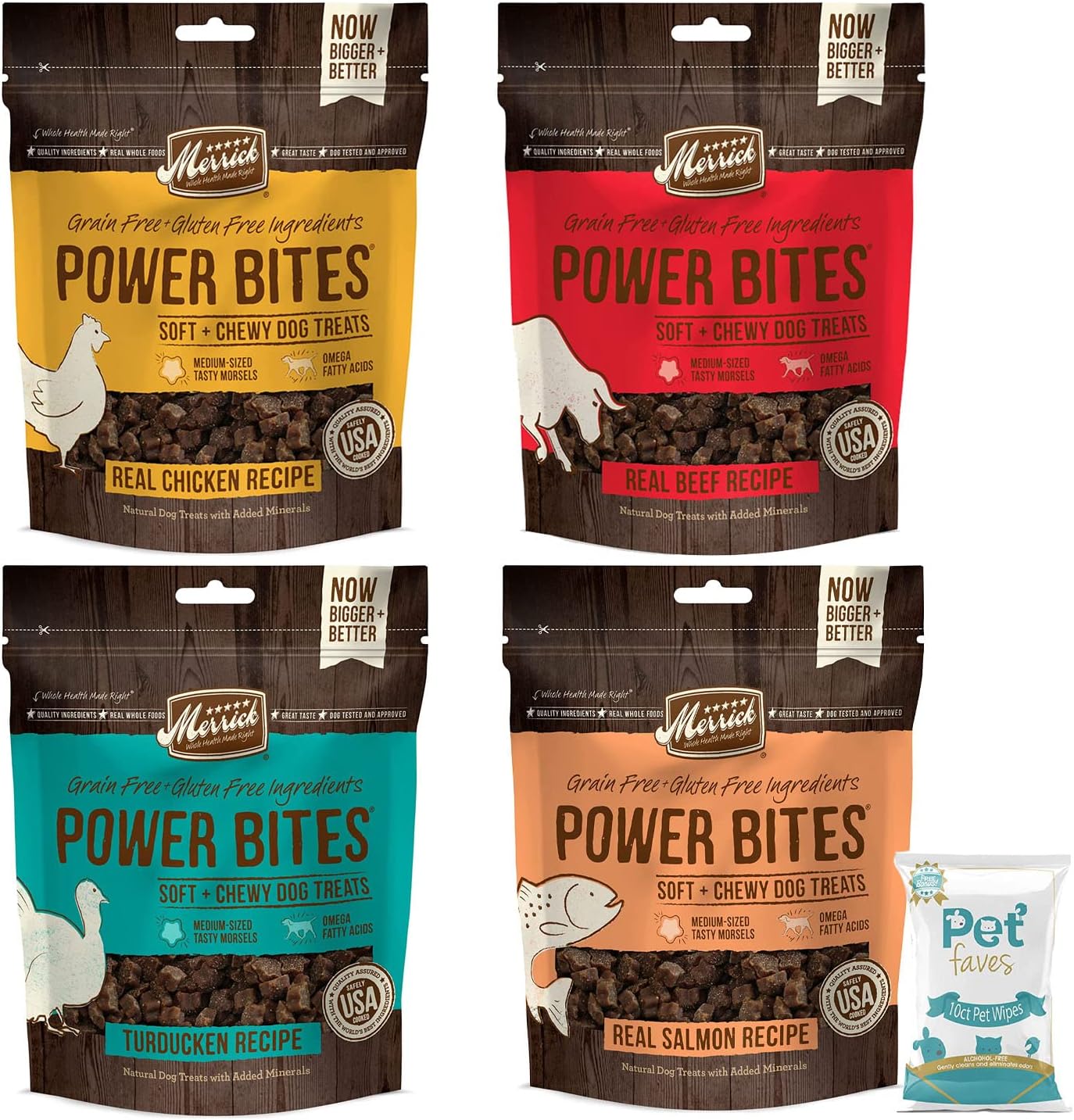 (4 Pack) Merrick Power Bites Natural Grain Free Gluten Free Soft & Chewy Chews Dog Treats - Chicken, Beef, Turducken, Salmon with 10ct pet Wipes (4 Pack) Merrick Power Bites Natural Grain Free Gluten Free Soft & Chewy Chews Dog Treats - Chicken, Beef, Turducken, Salmon with 10ct pet Wipes