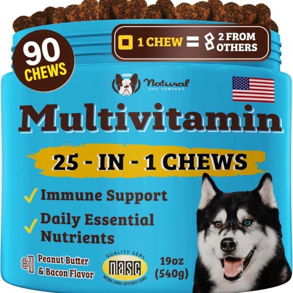 Natural Dog Company 25-in-1 Multivitamin for Dogs  Vet-Formulated Soft Chews for Puppies, Adults & Seniors, Supports Joints, Skin, Coat, Immune & Heart Health, NASC Certified, 90 Count