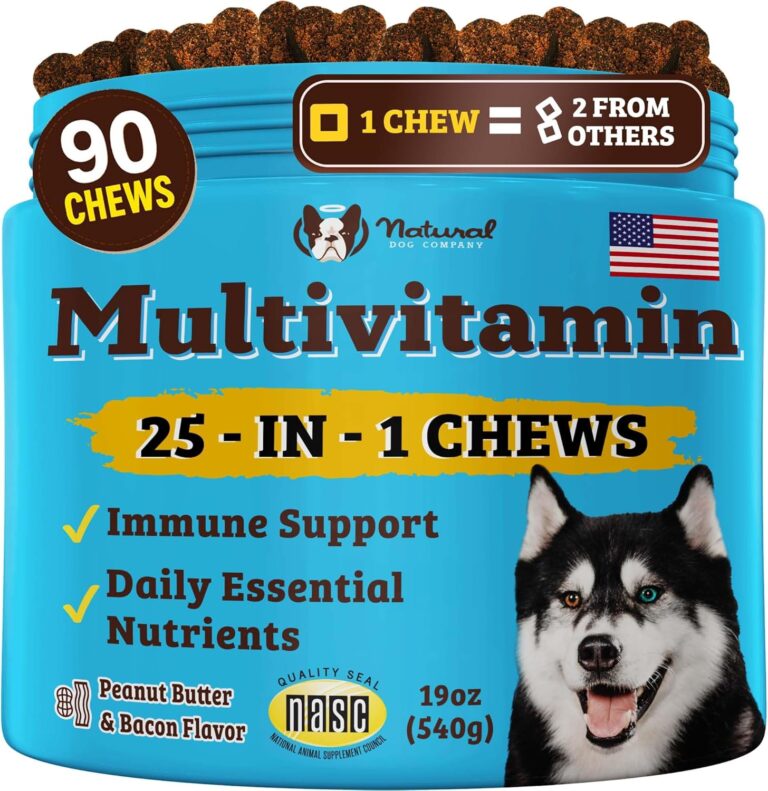 Natural Dog Company 25-in-1 Multivitamin for Dogs  Vet-Formulated Soft Chews for Puppies, Adults & Seniors, Supports Joints, Skin, Coat, Immune & Heart Health, NASC Certified, 90 Count
