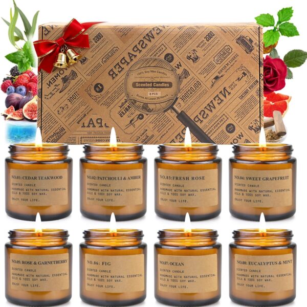 Candle Gift Set for Women  8 Pack Scented Candles for Home,Long Lasting Soy Wax Amber Jar Candles, Aromatherapy Candle Set,Perfect Holiday Gifts