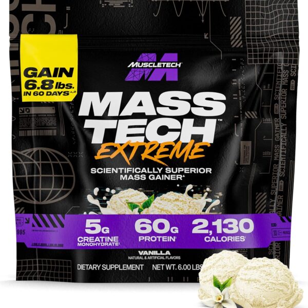 Muscletech High-Protein Mass Gainer (Vanilla Milkshake, 6LB) - Mass Tech Extreme 2000 Mass Gainer Protein Powder Supplement - Weight Gainer for Increase Muscle & Enhanced Recovery - Packaging May Vary