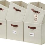 DECOMOMO Storage Bins, Cube Storage Bin with Labels, Fabric Storage Cubes for Shelves (10.5" x 11" / 6pcs, Beige)