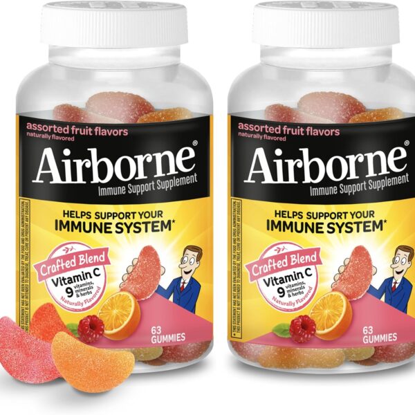 Airborne 750mg Vitamin C Gummies for Adults, Immune Support Gummies with Powerful Antioxidants VIT C & E, Caffeine Free - 2x63ct Bottle (42 Servings), Assorted Fruit Flavor