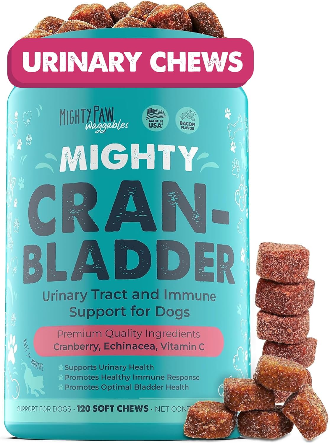 Mighty Paw Waggables Cran-Bladder (Made in The USA) | Vet Formulated Cranberry Supplement for Dogs Cranberry Chews for Dogs, Urinary Tract & Bladder Support, Bacon Flavored, 120 Soft Chews Mighty Paw Waggables Cran-Bladder (Made in The USA) | Vet Formulated Cranberry Supplement for Dogs Cranberry Chews for Dogs, Urinary Tract & Bladder Support, Bacon Flavored, 120 Soft Chews