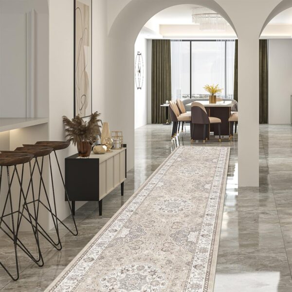 Hallway Washable Runner Rug - 2'6x14 Kitchen Rugs Entryway Rug Runner Vintage Soft Floor Mat Non Slip Indoor Farmhouse Carpet for Bathroom Living Room Bedroom (2'6''x14', Beige)