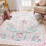 Collive Pink Floral Rugs for Bedroom Girls, 5x7 Bow Nursery Rug for Dorm Washable Area Rug for Living Room, Cute Ultra-Thin Non Slip Indoor Decor Carpet for Kids Room Playroom (Pink 5' x 7')