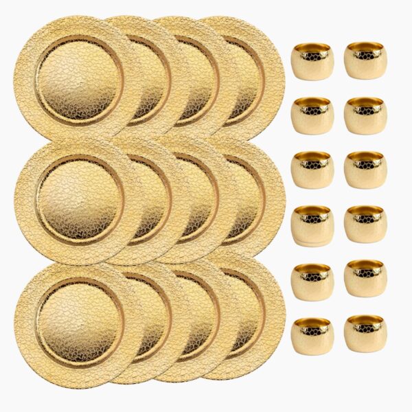 13 Inch Round Elegant Serve ware Charger Plates with Matching Napkin Rings, Wedding, Dinner party, Event - Choose from our Variety of Styles and Quantities (12, Cracked Gold)