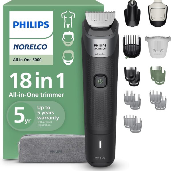Philips Norelco All-in-One 18-Piece Trimmer 5000 Series - Shaver and Clipper for Face, Hair & Body, Self-sharpening Titanium Coated Blades, 16 Length Settings (0.5-16 mm), Wide Hair Clipper, MG5970/49
