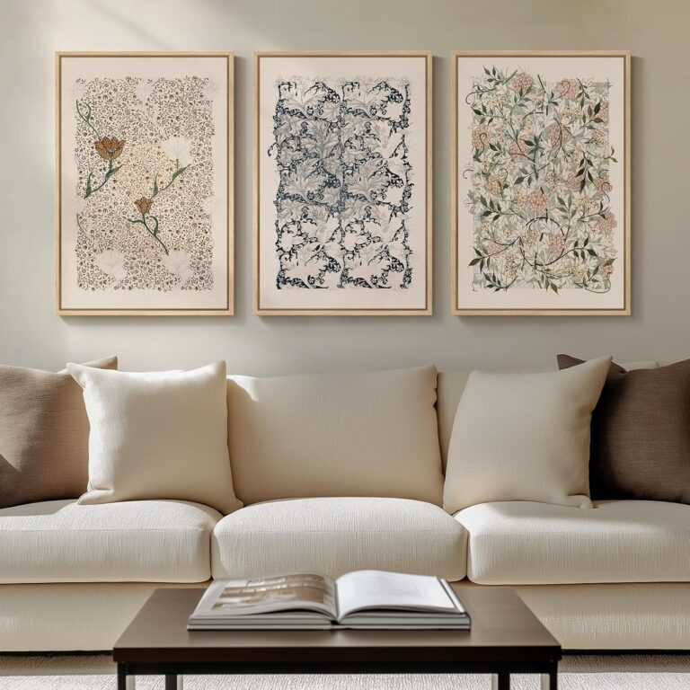 Framed William Morris Canvas Wall Art for Living Room, Set of 3 Large Neutral Floral Botanical Prints, Vintage Rustic Boho Pictures for Bedroom Hallway Office, 16x24 Inch