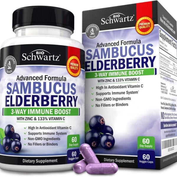 Elderberry Capsules with Zinc and Vitamin C for Adults - Immune Support Vitamins for Women and Men - Black Sambucus Elderberry Vitamin C and Zinc - Immune Defense Multiminerals Supplement, 60 Count