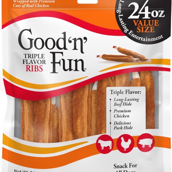 Good 'n' Fun Triple Flavor Ribs Chews for All Dogs, 24 Ounces, Treat Your Dog to Long-Lasting Chews Made with Beef Hide, Chicken and Pork Hide