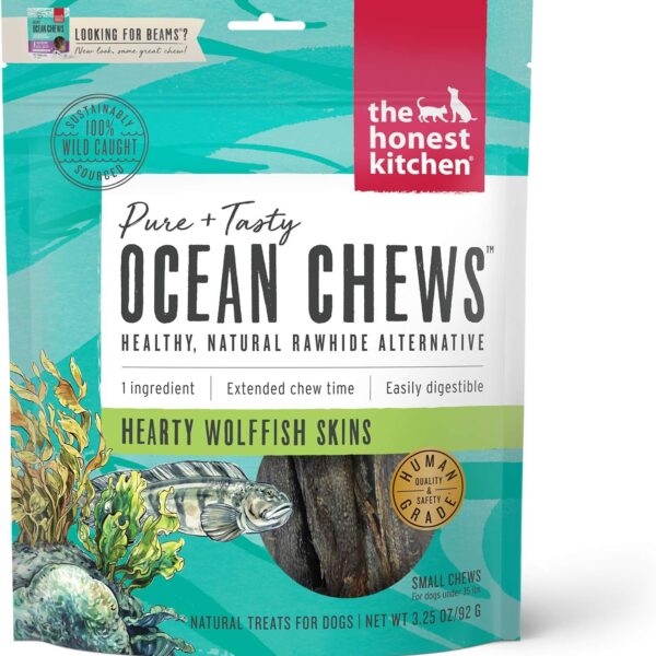 The Honest Kitchen Ocean Chews Hearty Wolffish Skins Dog Treats, 3.25 oz (Beams)