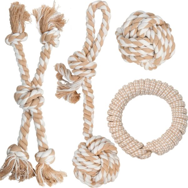 PetiFine Chew Toys for Dogs 4 Pack, Dog Rope Toy for Aggressive Chewers, Interactive Rope Ball Natural Cotton, Dog Tug of War Toy for Teeth Cleaning
