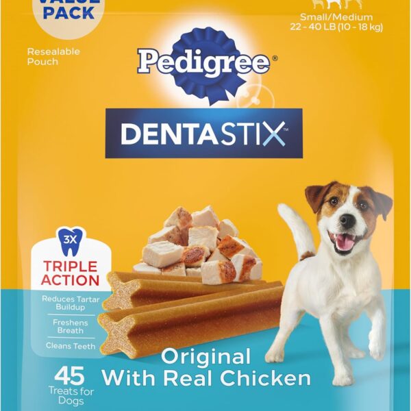Pedigree Dentastix Small & Medium Breed Dog Treats, Original with Real Chicken, 21.1 oz. Bag (45 Treats)