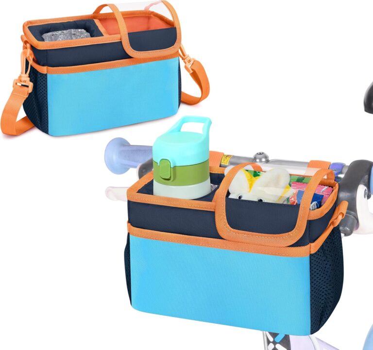 Kids Bike Basket Front, Scooter Bag, Cute Bicycle Accessories with Insulated Cup Holder for Boys Girls Children, Fit Most Handlebar, Tricycle, with Detachable Shoulder Strap