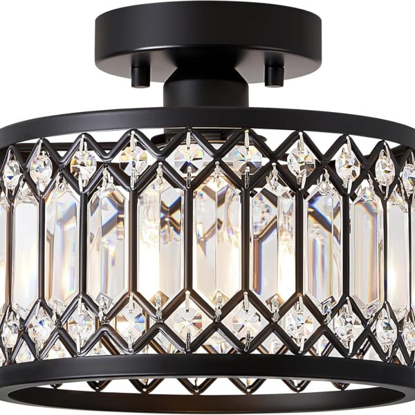 Crystal Black Ceiling Light, Modern Semi Flush Mount Ceiling Lighting Fixture, Round Hallway Lighting Fixtures for Kitchen Entryway Bedroom Laundry Room, 1-Light, 9 Inch