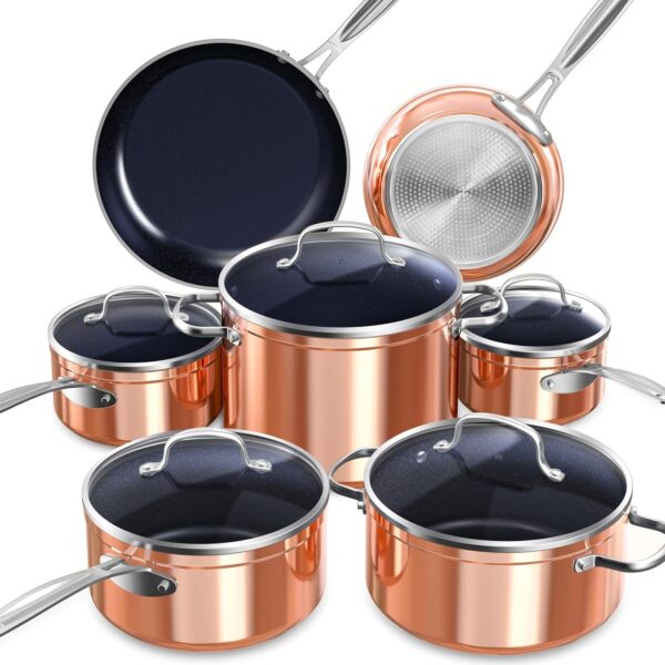 Nuwave Healthy Duralon Blue Ceramic Nonstick Cookware Set, Diamond Infused Scratch-Resistant, PFAS Free, Dishwasher & Oven Safe, Induction Ready & Evenly Heats,Tempered Glass Lids & Stay-Cool Handles