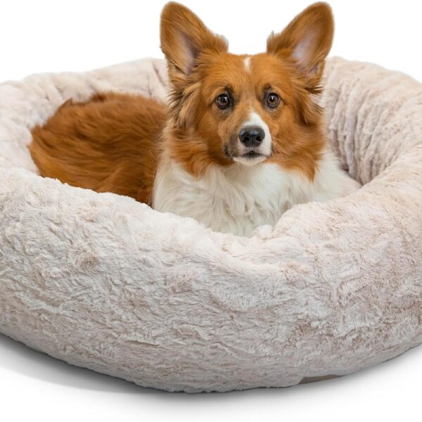 Best Friends by Sheri Original Calming Donut Dog and Cat Bed, Lux Faux Fur, Oyster, (30in x 30in) - Anxiety Relief for Pets Up to 45 lbs