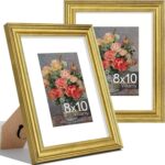 Vittanly 8x10 Picture Frames Set of 2, Ornate Vintage Photo Frame for Wall or Tabletop, Display 5x7 Pictures with Mat or 8x10 without Mat, Rustic Gold