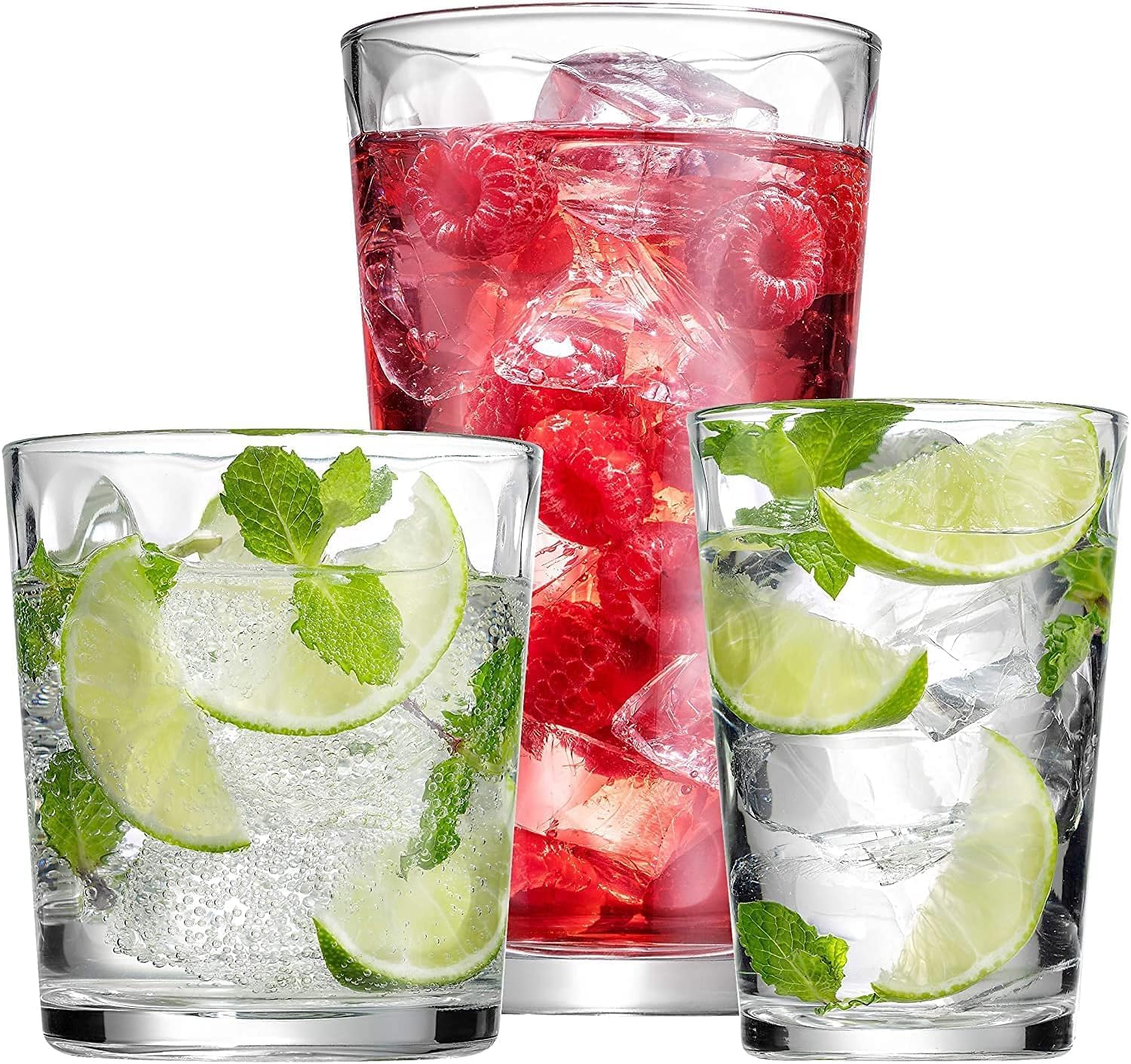 Set of 12 Elegant Everyday Stackable Drinking Glasses - Includes 4-17oz Highball Tumbler Glassware, 4-13oz DOF Rock Glasses, 4-7oz Juice Glasses for Mixed Drinks, Water, Beer, Wine. Set of 12 Elegant Everyday Stackable Drinking Glasses - Includes 4-17oz Highball Tumbler Glassware, 4-13oz DOF Rock Glasses, 4-7oz Juice Glasses for Mixed Drinks, Water, Beer, Wine.