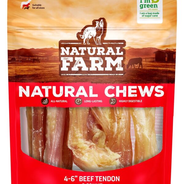 Natural Farm Extra-Thick Beef Tendons (4-6 Inch, 6 Pack), Natural Chondroitin and Collagen: Supports Healthy Joints, Great for Dental Health  Made & Packaged, All Dog Sizes