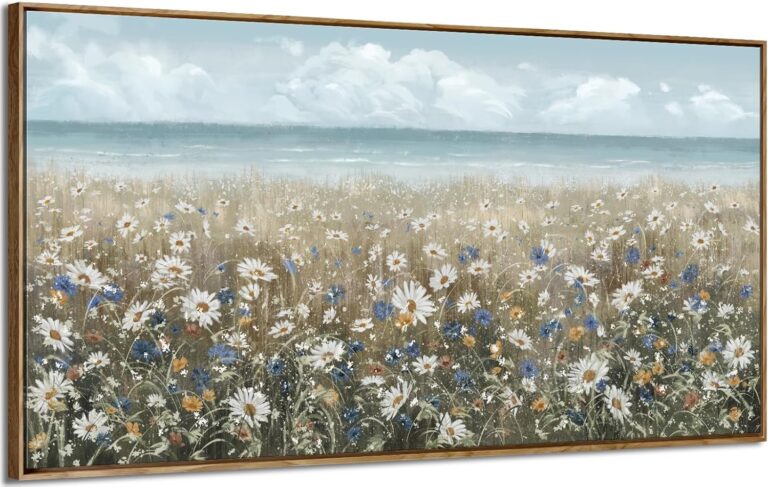 amatop Large Wall Art for Living Room Framed Boho Beach Coastal Floral Ocean Wall Picture Farmhouse Daisy Flower Sea Canvas Print Nautical Neutral Vintage Warm Artwork Home Bedroom Office Decor 48x24
