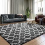 Shag Area Rug 5x7 Feet Extra Soft Rugs for Living Room, High Pile Indoor Carpet for Bedroom, Playroom, Nursery, Home Decor, Geometric, Dark Grey/White