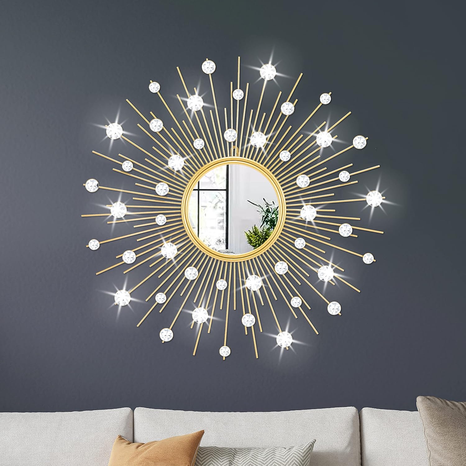 Gold Sunburst Mirror for Wall Decor Metal Sun Wall Mirror Decorative with Crystal Diamond for Living Room Bedroom Entryway Large Circle Mid Century Modern Starburst Wall Hanging 24 Inch Gold Sunburst Mirror for Wall Decor Metal Sun Wall Mirror Decorative with Crystal Diamond for Living Room Bedroom Entryway Large Circle Mid Century Modern Starburst Wall Hanging 24 Inch