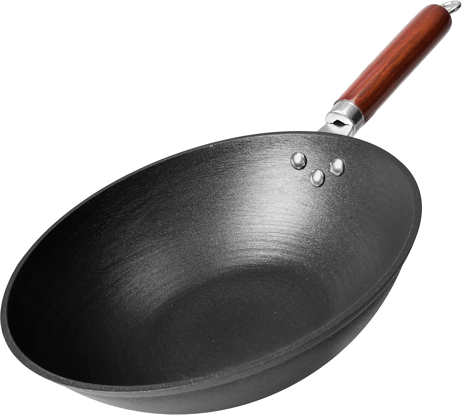 21st & Main Wok, Stir Fry Pan, Wooden Handle, 11 Inch, Lightweight Cast Iron, chefs pan, pre-seasoned nonstick, for Chinese Japanese and other cooking 21st & Main Wok, Stir Fry Pan, Wooden Handle, 11 Inch, Lightweight Cast Iron, chefs pan, pre-seasoned nonstick, for Chinese Japanese and other cooking