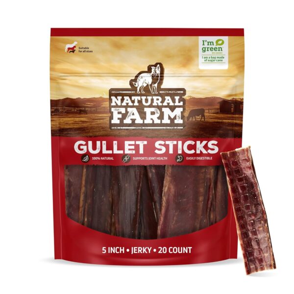 Natural Farm Beef Jerky Gullet Sticks Flat - 5-Inch (20-Pack), Grass-fed Beef, Glucosamine & Chondroitin, Rich Flavor, Highly Digestible, Chewy Yet Tender