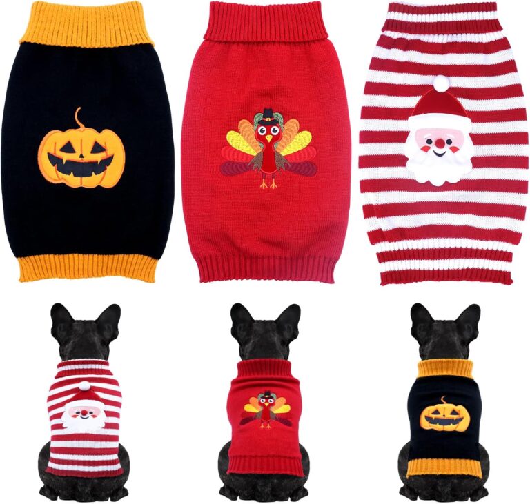 3 Pack Halloween Thanksgiving Christmas Dog Cat Knit Sweater Set - Dog Clothes with Santa Pattern Pumpkin Turkey Pets Costumes-Dog Fall Sweaters for Holiday(s)