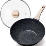 CAROTE Non Stick Wok with Lid 12''/5.3QT Woks & Stir-fry Pans Nonstick Granite Wok Pan Induction Cookware Deep Frying Pan, Compatible with All Stovetops