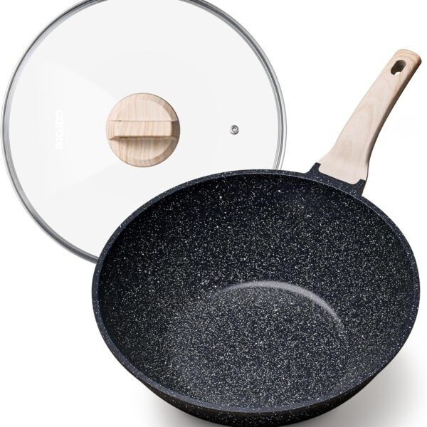 CAROTE Non Stick Wok with Lid 12''/5.3QT Woks & Stir-fry Pans Nonstick Granite Wok Pan Induction Cookware Deep Frying Pan, Compatible with All Stovetops