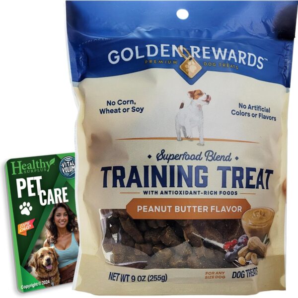 Healthy Surplus Golden Rewards Training Treats - 9 OZ (255g) Peanut Butter Flavor and Vital Volumes Pet Care Tips Card