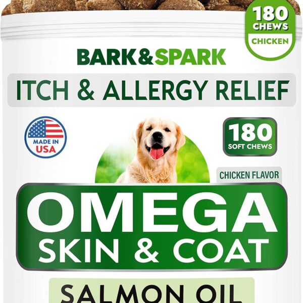 BARK&SPARK Omega 3 for Dogs - 180 Fish Oil Treats for Dog Shedding, Skin Allergy Chews, Itch Relief, Hot Spots Treatment - Joint Health - Skin and Coat Supplement - EPA & DHA Fatty Acids - Salmon Oil