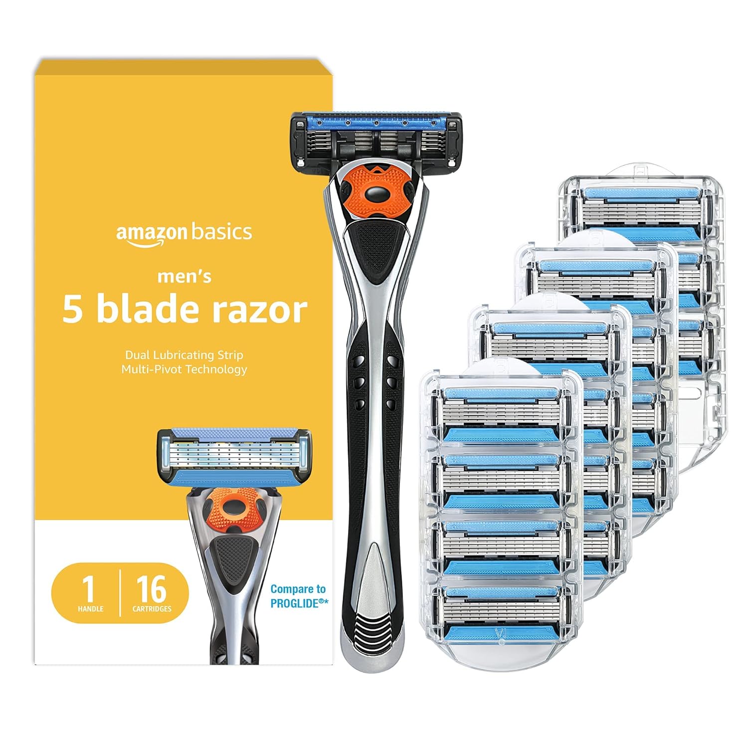 Amazon Basics 5-Blade MotionSphere Men's Razor with Dual Lubrication and Precision Trimmer, 17 Piece Set, 1 Handle & 16 Cartridges, Black Amazon Basics 5-Blade MotionSphere Men's Razor with Dual Lubrication and Precision Trimmer, 17 Piece Set, 1 Handle & 16 Cartridges, Black
