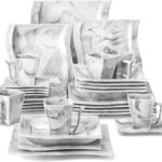 MALACASA Plates and Bowls Sets, 30 Piece Porcelain Dinnerware Sets for 6, Square Dinnerware Set with Dinner Plate, Dessert Plate, Soup Plate, Cup and Saucer, Modern Dish Set, Marble Grey, Series Flora