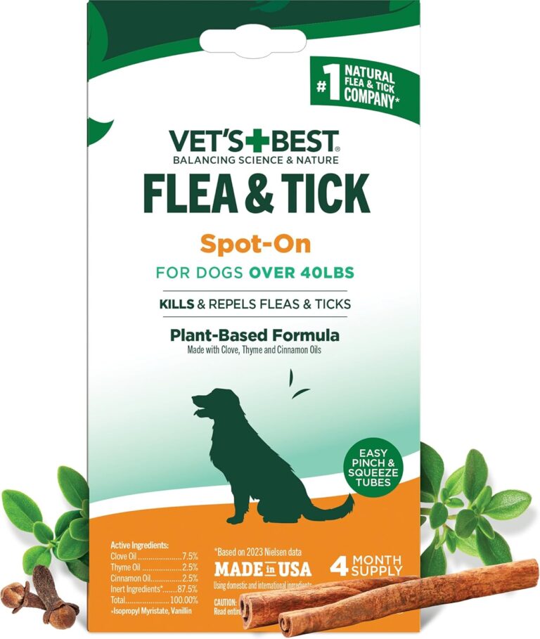 Vets Best Natural Flea and Tick Drops for Dogs  Natural Topical Flea Prevention with Certified Essential Oils  Plant-Based Spot-On Treatment for Large Dogs  Pest Control  4 Month Supply