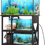 YITAHOME 10-29-37 Gallon Fish Tank Stand with Power Outlet, 30x16 Inch Metal Aquarium Stand with 3-Tier Adjustable Storage Shelves and Hooks, 450LBS Capacity,Black