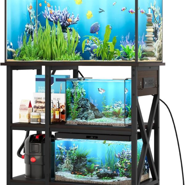 YITAHOME 10-29-37 Gallon Fish Tank Stand with Power Outlet, 30x16 Inch Metal Aquarium Stand with 3-Tier Adjustable Storage Shelves and Hooks, 450LBS Capacity,Black